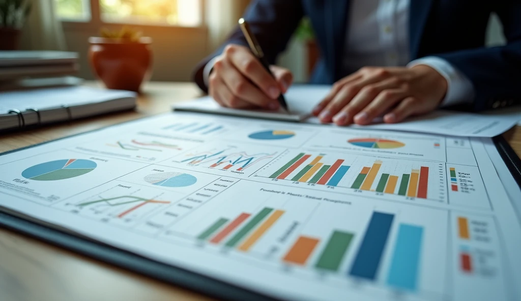"A close-up of a stock portfolio with astrological symbols indicating favorable sectors. The setting is a cozy, well-organized workspace, conveying a sense of personal success and strategic planning. --ar 16:9"