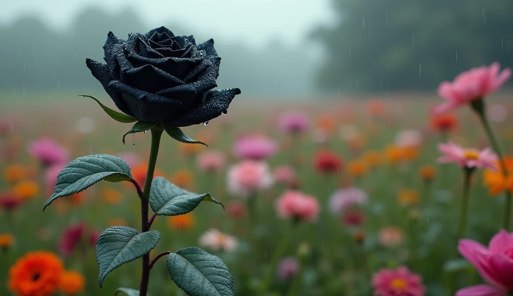 2024; (masterpiece, best quality) black rose in the foreground; field of flowers; rain falling
