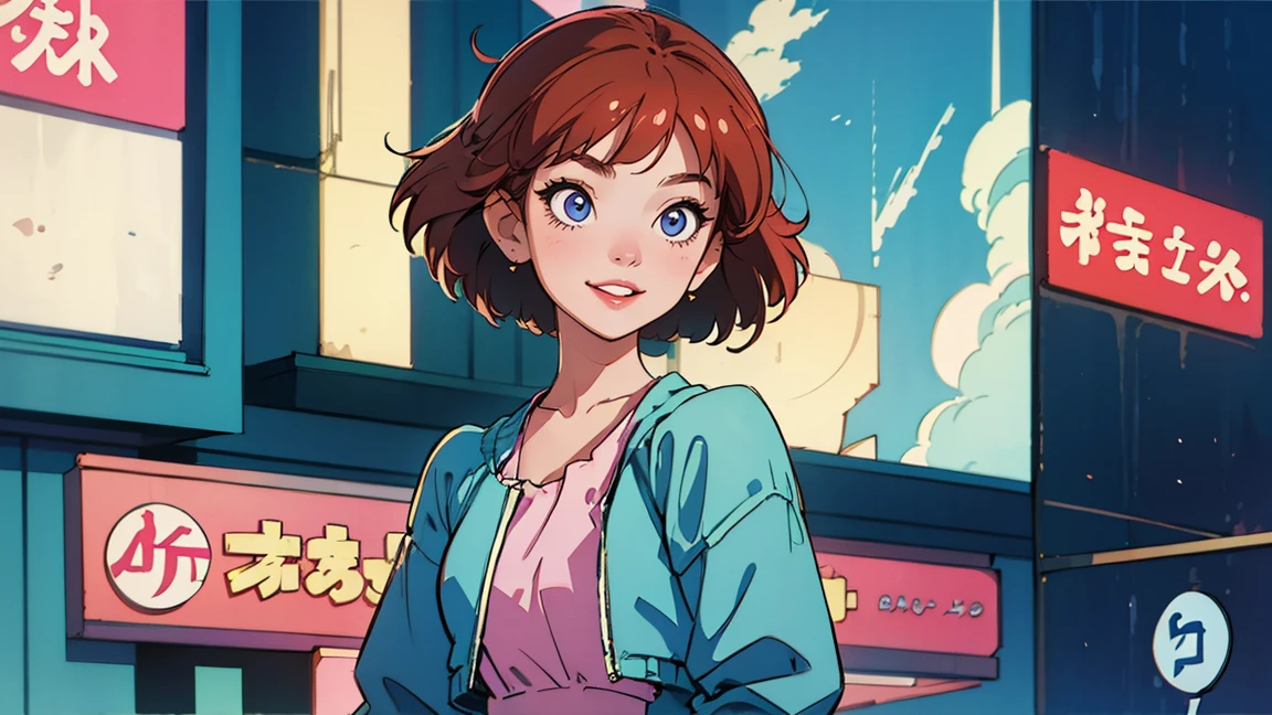 highest quality, masterpiece), 1 Girl, 1980s \(style\)Beautiful smile,smile,Gazing at the audience,\(style\)Upper Body,,pin up ,\(style\), Short Hair,\(style\), citypop, lofi,\(style\),1980s fashion,casual,1980s fashion, \(style\)tokyo,Building district,Pink-hued streetscape,neon,Night view,Electronic bulletin board