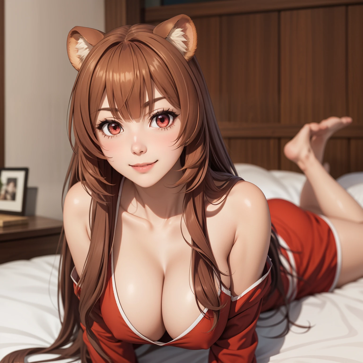 Raphtalia, 3 woman, straight and floating. pelo naranja, cabello naranjo, rounded bear ears, ruby red eyes, evil smile, big breasts, is in pajamas.。neckline。Lying in bed 。using a futon