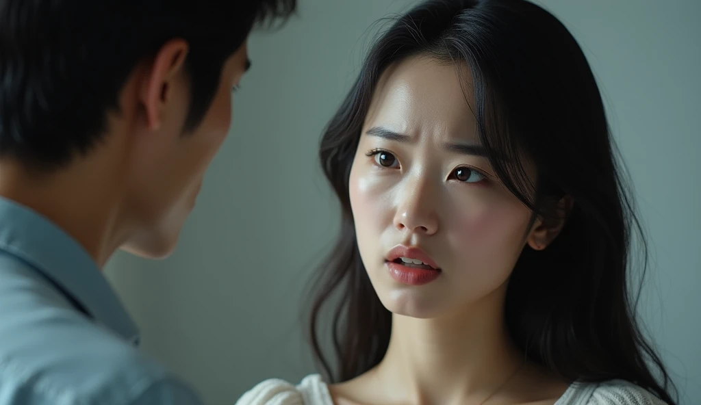 white skinned woman with long black hair,2, she has asian descent, ultra realistic beautiful woman with detailed face, ultrarealistic photograph, she is arguing with her husband
