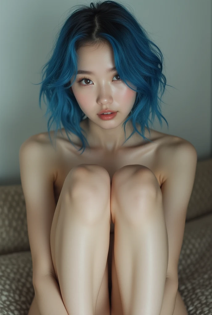 A Teenage korean naked girl with blue hair and big breasts sits with her legs stretched out, taking a realistic photo