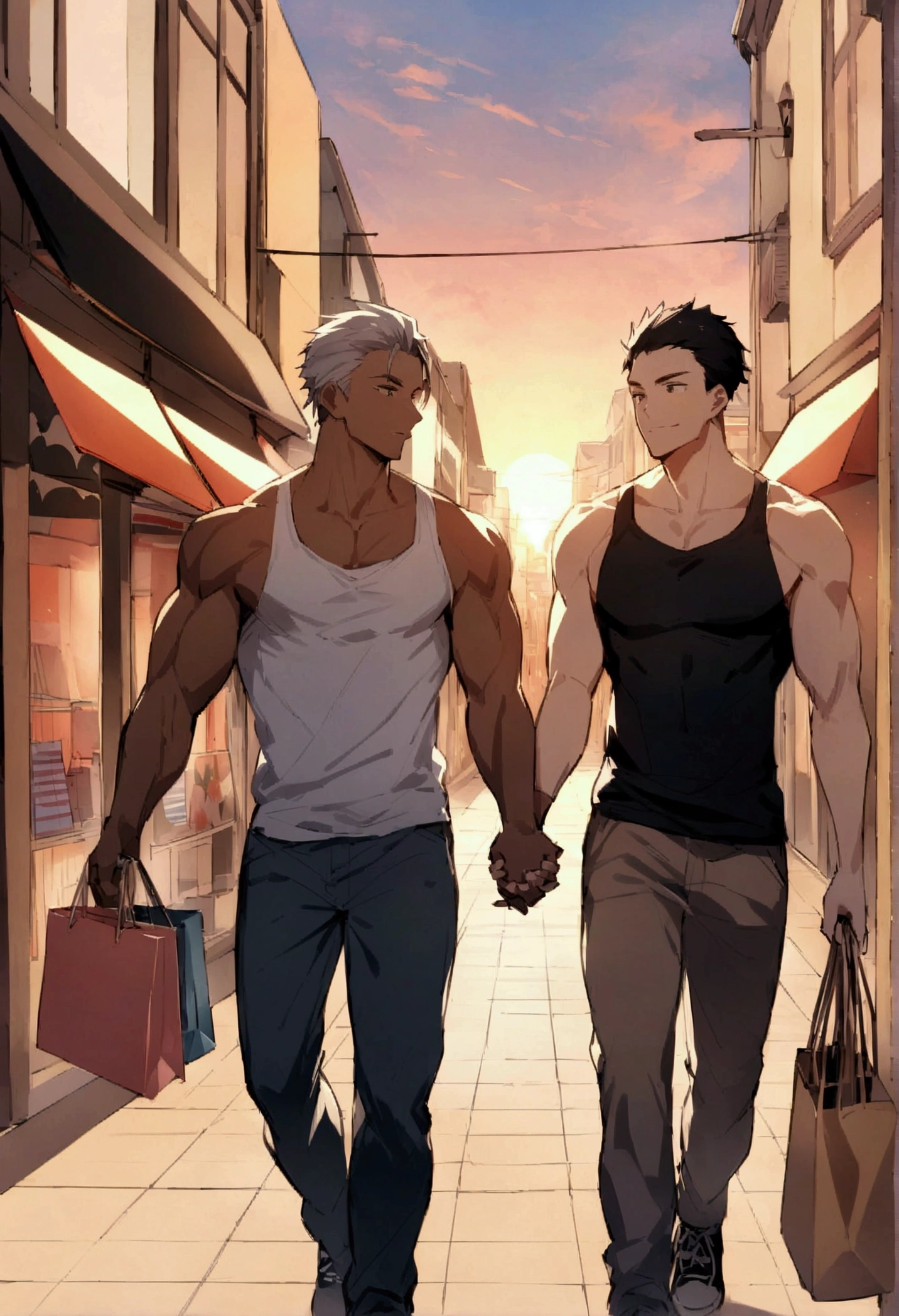 Highest quality、masterpiece、(Two men:1.5)、On the left is a muscular man with black hair wearing a tank top、On the right is a clothed, muscular young man with grey hair、Adjacent in the center of the screen、Holding hands、I'm shopping、Shopping Street、sunset