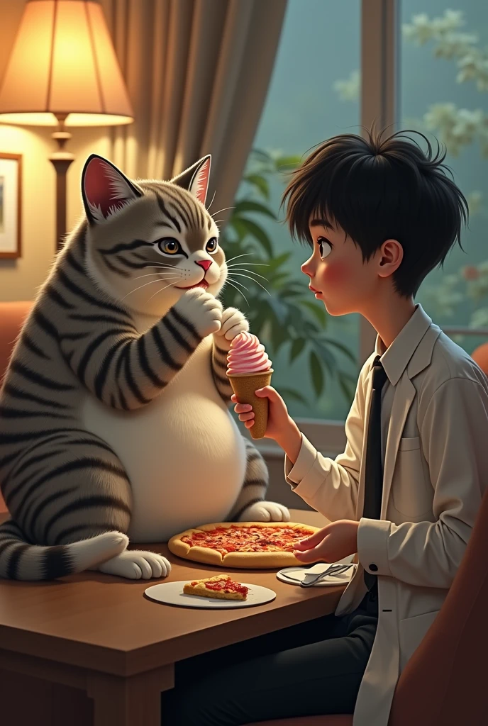 A white psychoanalyst, de cabelos pretos, Youngh, thin and short, in a psychoanalysis clinic treating a fat cat, furrygirl, gray with brown and white stripes and paws with white fur eating a pizza and a bucket of ice cream