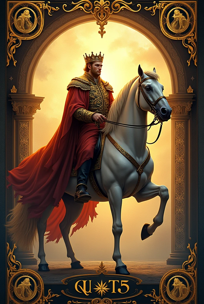 a close-up of a playing card with the image of a man on a horse, concept art by Jaime Jones, trends in cg society, vanity, deck of many things, extremely complex, Cheshire Cat Death Tarot Carta, radiant morning light, symmetrical tarot card, death goddess tarot card, complete art, insane intricate, complete view