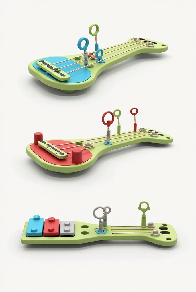 Create a detailed image of a modular musical toy designed for children. The toy must have a main base body, with a slightly curved rectangular shape, similar to a simplified guitar or ukulele. The dimensions of the base body should be approximately 30 cm in length., 20 cm wide and 5 cm thick. This base body is made from recycled plastic and has several circular attachment points along the top and bottom edges., cada um about 2 cm in diameter.
Attached to the body are different sound modules:
String Module: A rectangular piece approximately 20 cm long and 4 cm wide, with 4 to 6 nylon strings. The strings are stretched over the module and can be tuned using small tuning pegs on the top.. The module is fixed to the top of the base body and features a slight cavity at the back to naturally amplify the sound.
Percussion Module: A square piece, 10cm by 10cm, made of silicone or hard plastic. The surface is designed to be played with small drumsticks (approximately 12 cm long) which are also included. This module is attached to the bottom of the base body and emits a drum-like sound when played..
Key Module: A rectangular piece about 15 cm long and 5 cm wide, containing 5 to 8 colored keys. The keys are slightly raised and each key is connected to a simple electronic circuit that produces different musical notes when pressed.. This module is fixed in the center of the base body.
Each module is vibrantly colored—blue for percussion, red for keys and green for strings—to make it visually appealing and easy for children to identify. The toy's connectors are cylindrical, about 2 cm in diameter, and allow modules to be easily fitted or removed from the base body.
The toy also includes additional accessories, like small drumsticks