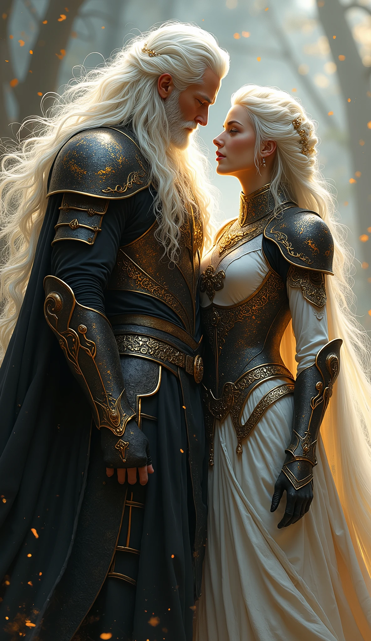 A white haired man ,very long white shiny hair, and woman with black and gold armor and a cape related to the Knights of the Zodiac, His armor will have the combination of a lion spirit and a puma and his human companion with a white armor with the spirit of a white dog