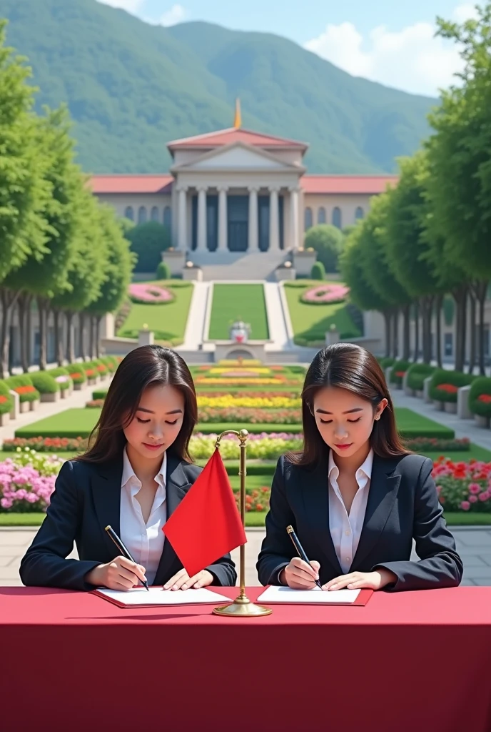 A 2 lady, signing Executive documents,the event takes place Infront of the company's headquarters on its compound.The compound is sorrounded with trees,grass and flowers making beautiful patterns.She faces her audience which has 27 members with all their faces clearly seen and visible with the it's only one lady background clear.On the table is a red flag written Apex Global Holdings.clearer background another one