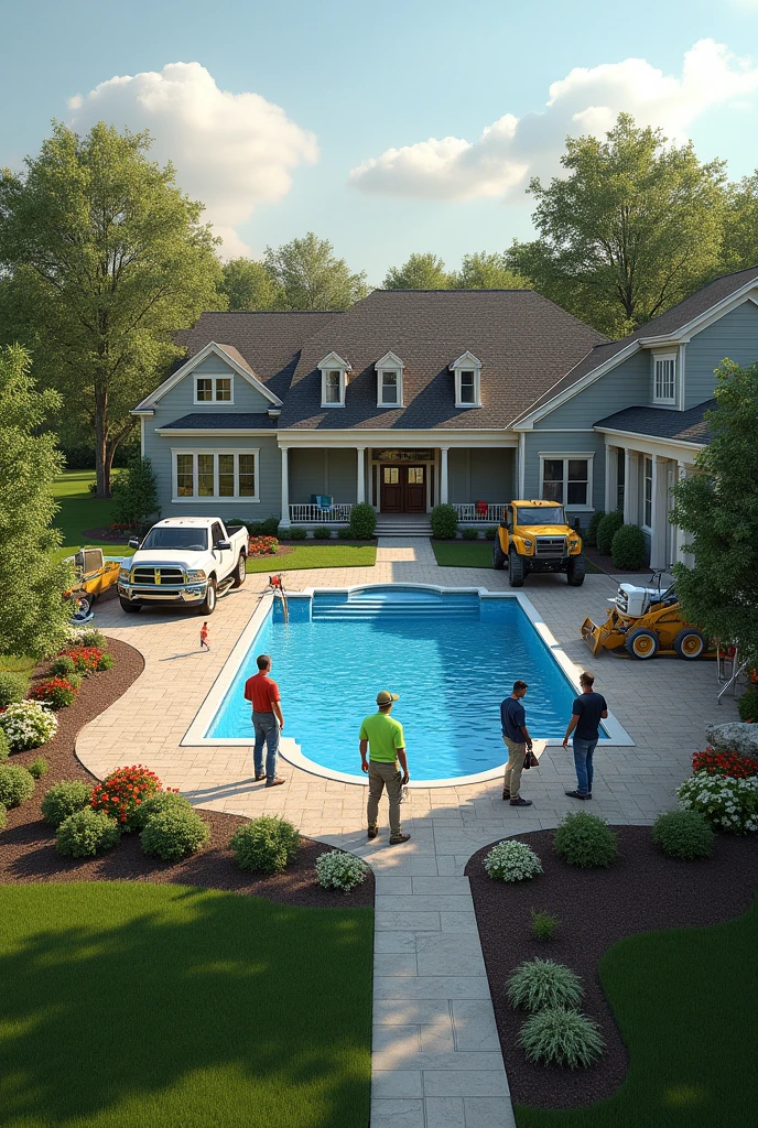 (photorealism:1.2), We arrive at the client&#39;s house with the pool and install it within the property 
