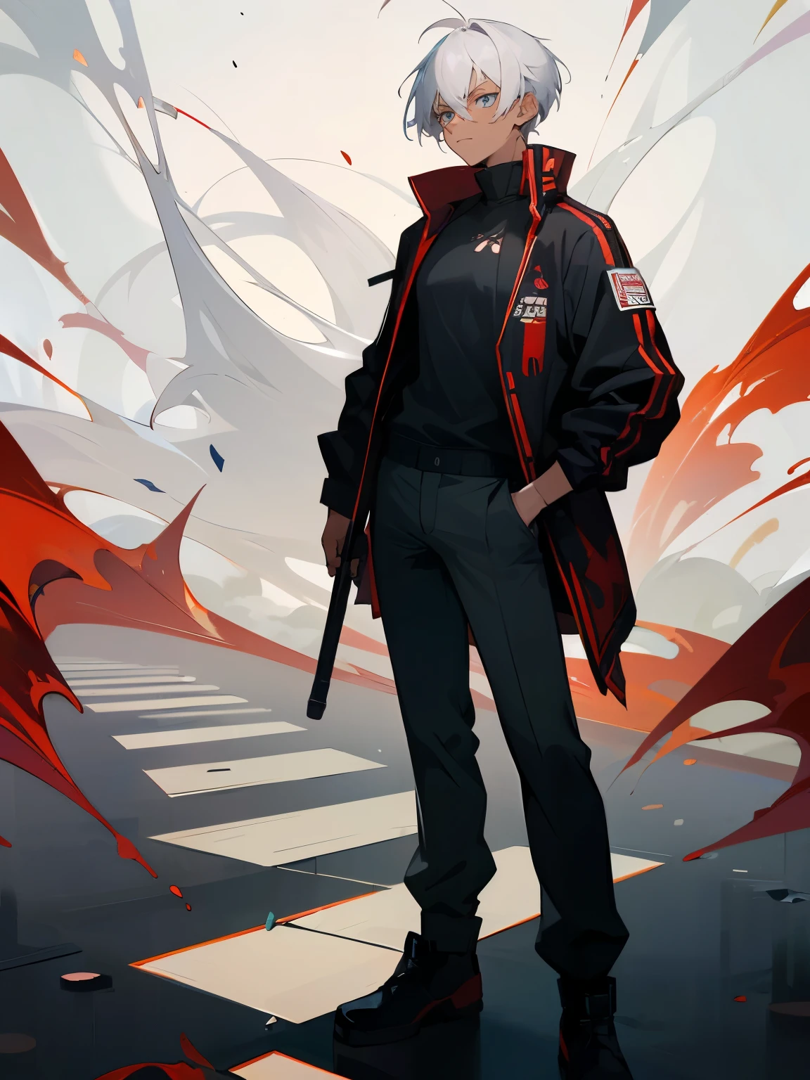 1male, Dark Skin, Adult Male , Modern Undercut Hair , Messy White Hair , Pale Blue Eyes , Lean Musular , Black Longsleeve Fitted Jacket ,White Fitted Turtleneck, Baggy Grey Pants with red swirl patterns , Combat Clothing , Standing On path , Serious Expression 