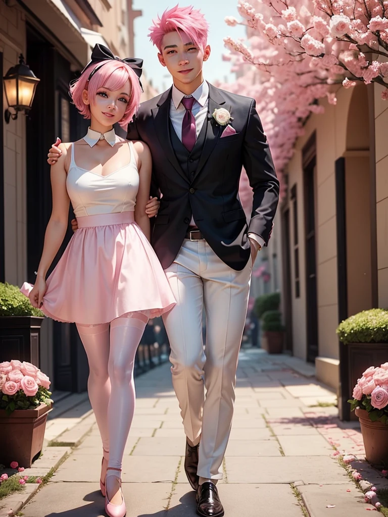 ung man,pink hair,short hair,Swipe left,Tie a big black bow on your head.,red eyes,bright atmosphere,lucrative,smile,cute,cake,White Rose Garden,pink dress,Pink pants,stockings above the knee