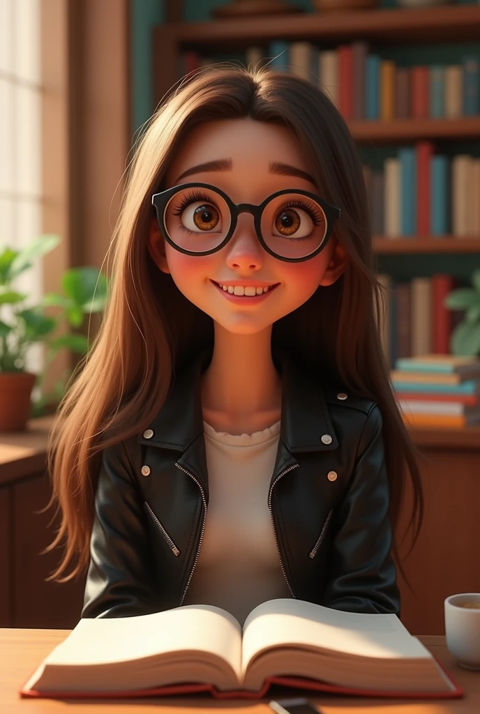 Pixar style poster of a 1 girl with straight hair, long, brown hair and semi-round glasses and brown eyes and casual clothing in a library with a black leather jacket and posing for a casual photo sitting with a book on the table 

