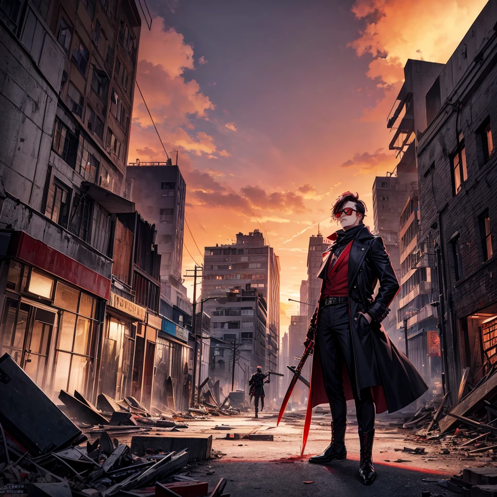 Detailed drawing of a modern city with a blood red sky, with some buildings in ruins and rubble, with a man looking forward, a pair of red aviation glasses, black mascara, black bandana, black overcoat, black and red pants and boots. He has two katanas on his back, one red and one blue that shine. It's like a ninja, but more robust