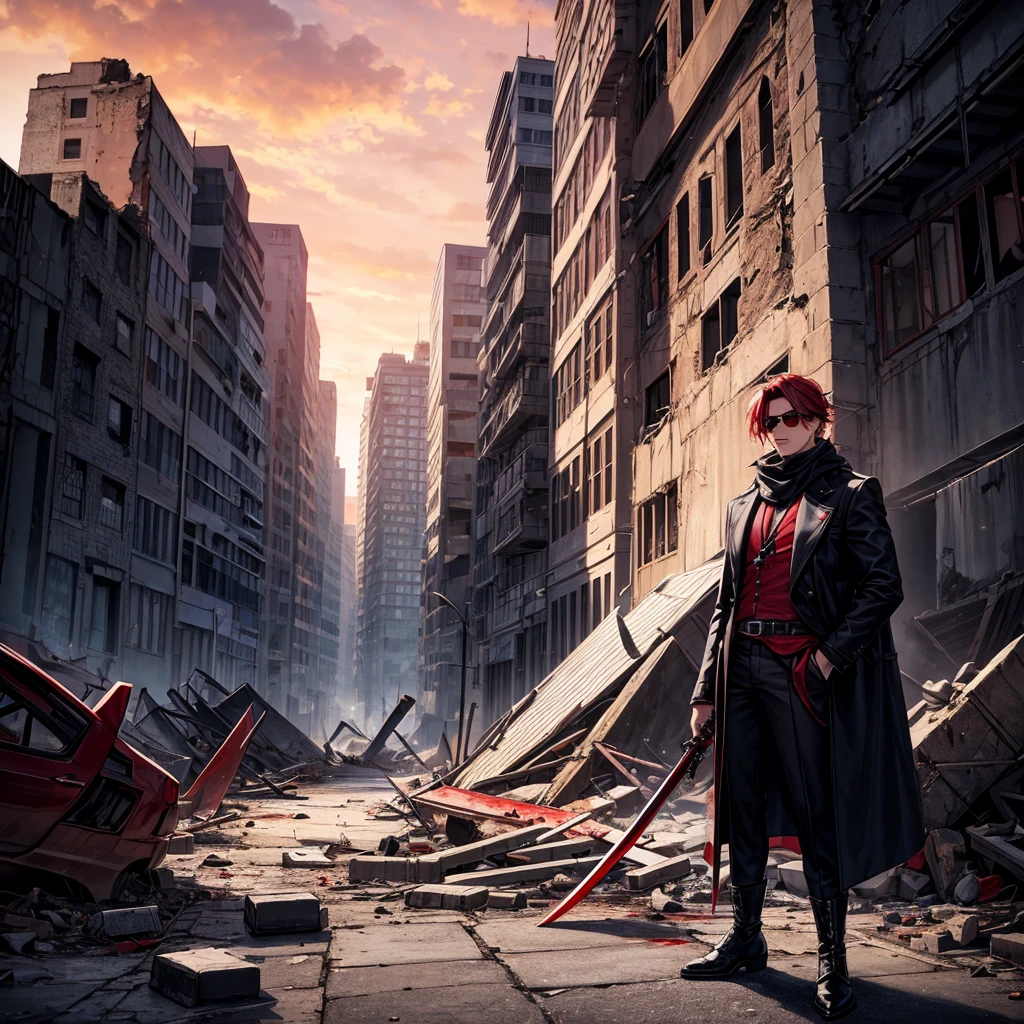 Detailed drawing of a modern city with a blood red sky, with some buildings in ruins and rubble, with a man looking forward, a pair of red aviation glasses, black mascara, black bandana, black overcoat, black and red pants and boots. He has two katanas on his back, one red and one blue that shine. It's like a ninja, but more robust