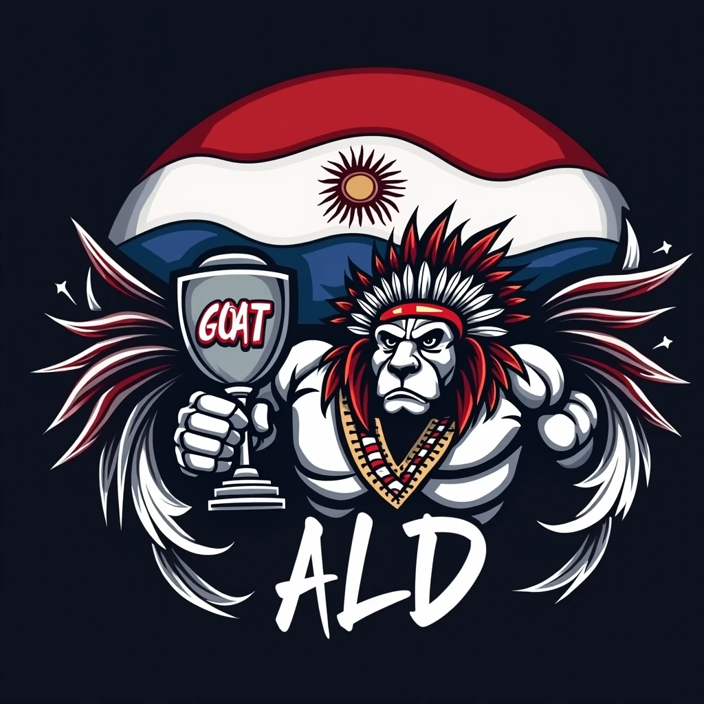create a sports logo with the name ALD with an Indian mascot holding a trophy with the word goat written inside with the Argentine flag behind it