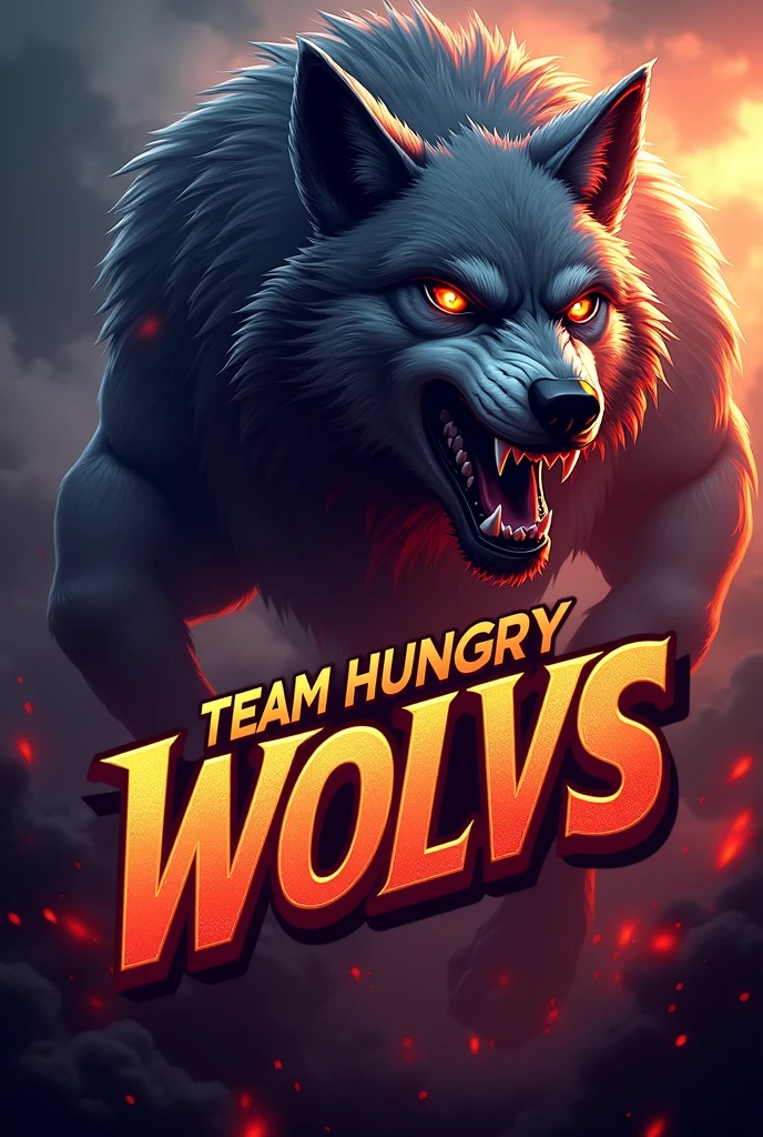 A very creative and eye-catching free fire recruitment banner with the name of "Team Hungry Wolfs"