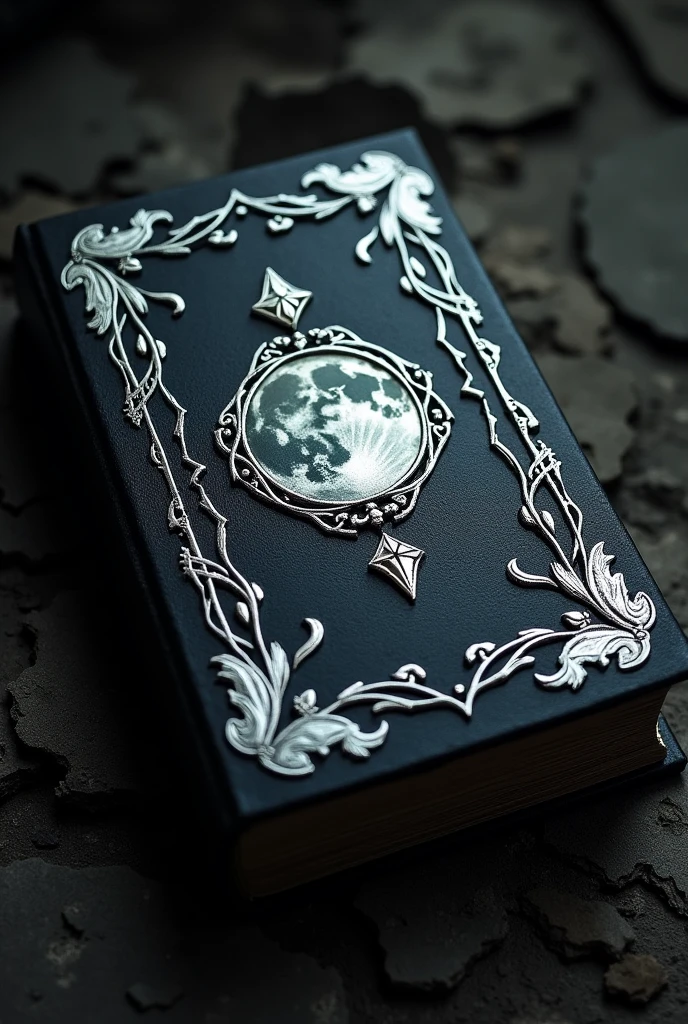 a black grimoire with silver carvings with small vine leaves on the four corners of the cover and in its center a full moon
