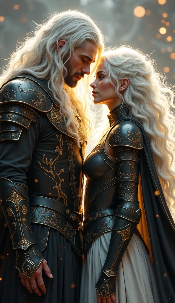 A white haired man ,very long white shiny hair, and woman with black and gold armor and a cape related to the Knights of the Zodiac, His armor will have the combination of a lion spirit and a puma and his human companion with a white armor with the spirit of a white dog