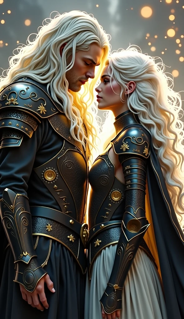 A white haired man ,very long white shiny hair, and woman with black and gold armor and a cape related to the Knights of the Zodiac, His armor will have the combination of a lion spirit and a puma and his human companion with a white armor with the spirit of a white dog