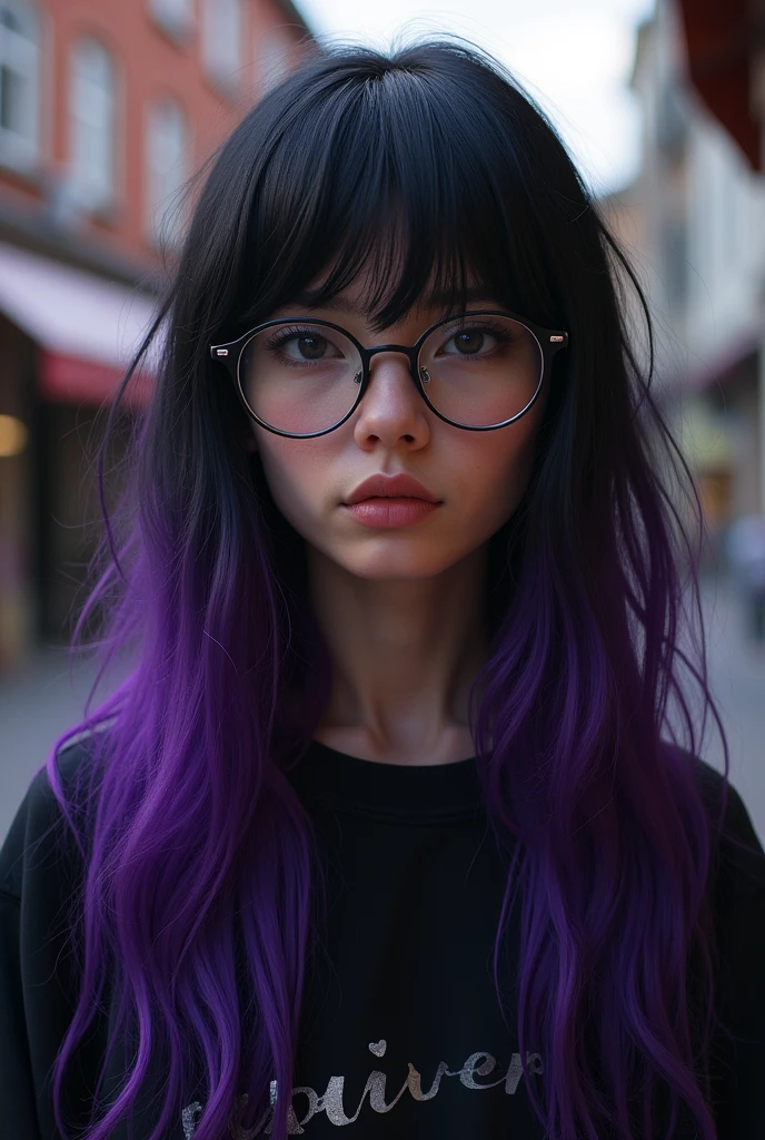 Lot , black and purple hair, wearing glasses and a sweatshirt