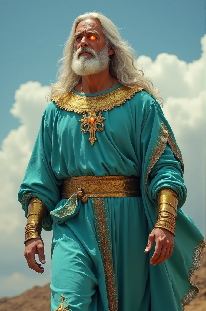 A man dressed in a turquoise linen tunic, his shoulders girded with gold, his arms, hands and feet of bronze Long white hair Add flames of fire to the eyes With a sky background Jesus