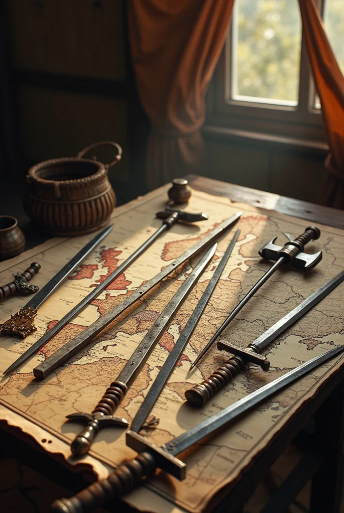 A detailed image depicting medieval weapons such as maces and swords laid out on a map of Europe, placed on a wooden table inside a medieval campaign tent. The setting reflects the strategic planning of military leaders during a war, showing how conflict spurred innovations in technology and military strategy. The scene is rendered in the style of Edmund Blair Leighton, with an emphasis on historical detail and a rich, evocative atmosphere, capturing the gravity and complexity of medieval warfare., Surrealism, Hyperrealism, UHD, retina, masterpiece, accurate, anatomically correct, textured skin, super detail, high quality, 16k
