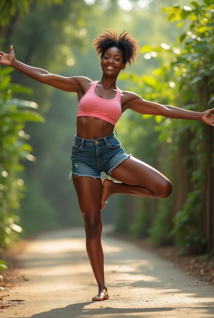 black girl doing a split in daisy dukes