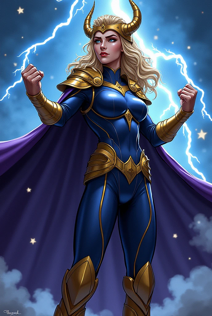 A highly detailed digital illustration of Thundra, the Asgardian hero, standing confidently in dark blue and purple armor with gold trim, inspired by Jack Kirby's designs. She has blonde hair and a stern expression, wearing a Norse helm with gold wings. Her right hand is covered in a heavy armored glove, while her left hand is bare, showing intricate details. Thundra's cape resembles a star field, and she commands thunder and lightning in a cosmic background. She is depicted in a dynamic pose with one leg raised, punching a fist while holding a lightning bolt. The illustration captures the essence of her power, with detailed hands, realistic textures, and a focus on the sharpness of her features. Full body, 8k quality, with a star pattern integrated into her design.