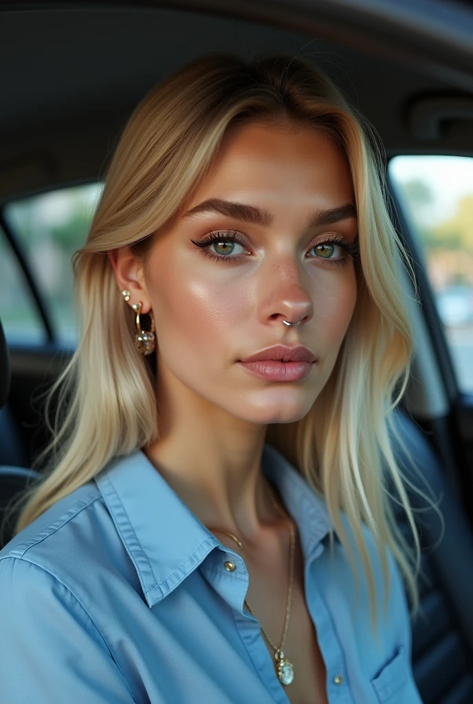 An Italian woman with straight, slightly platinum blonde hair, brown eyes with false eyelashes and nose piercing, inside a car with a normal facial expression and with a blue blouse with a nice lip gloss and ear with earrings, without defined jaw