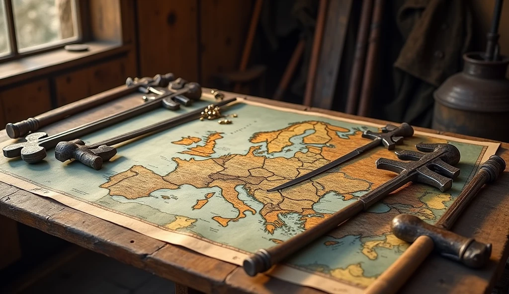 A detailed image depicting medieval weapons such as maces and swords laid out on a map of Europe, placed on a wooden table inside a medieval campaign tent. The setting reflects the strategic planning of military leaders during a war, showing how conflict spurred innovations in technology and military strategy. The scene is rendered in the style of Edmund Blair Leighton, with an emphasis on historical detail and a rich, evocative atmosphere, capturing the gravity and complexity of medieval warfare., Surrealism, Hyperrealism, UHD, retina, masterpiece, accurate, anatomically correct, textured skin, super detail, high quality, 16k