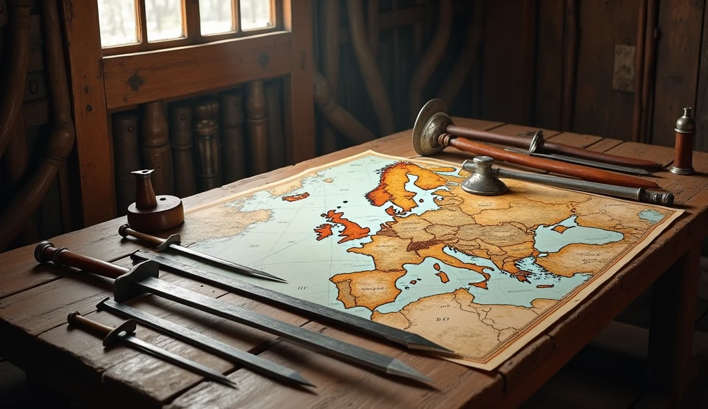 A detailed image depicting medieval weapons such as maces and swords laid out on a map of Europe, placed on a wooden table inside a medieval campaign tent. The setting reflects the strategic planning of military leaders during a war, showing how conflict spurred innovations in technology and military strategy. The scene is rendered in the style of Edmund Blair Leighton, with an emphasis on historical detail and a rich, evocative atmosphere, capturing the gravity and complexity of medieval warfare., Surrealism, Hyperrealism, UHD, retina, masterpiece, accurate, anatomically correct, textured skin, super detail, high quality, 16k