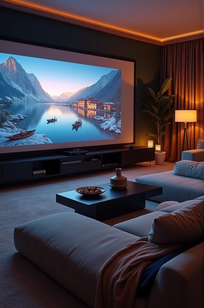 My ideal room is that I have a big TV screen where the whole family can watch movies and that I have a long sofa for more than five people that is flexible and comfortable and that the sofa color is gray