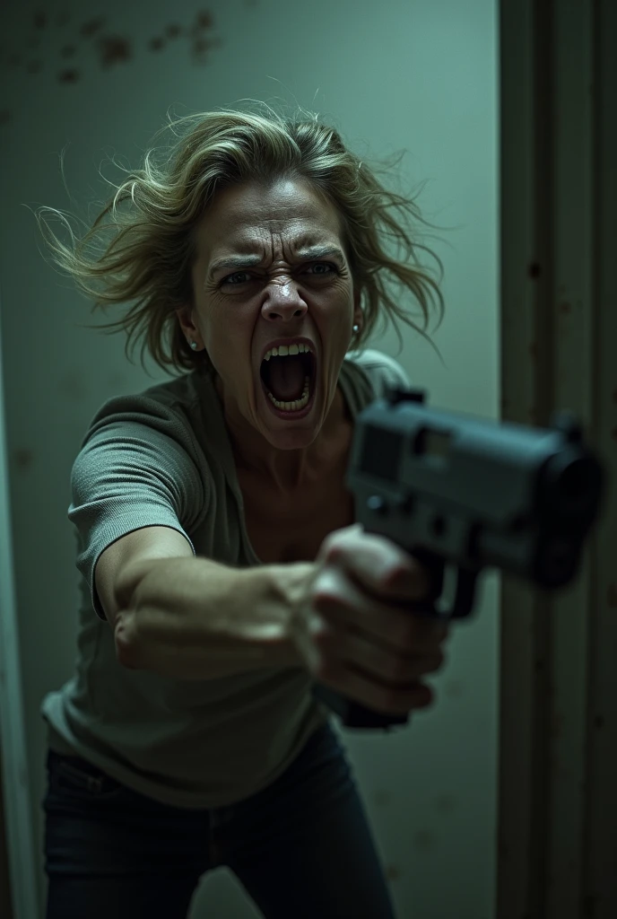 Screaming middle-aged woman holding a weapon