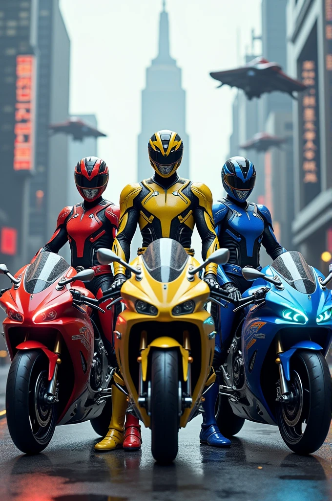 I need you to look for power ranger ninja storm and remake a new futuristic version WITH BIKES BEHIND EACH RANGER, RED RANGER, YELLOW RANGER, GREEN RANGER, AND THE BLUE FEMALE RANGER AND AN OPEN TRUCK leaving these bikes