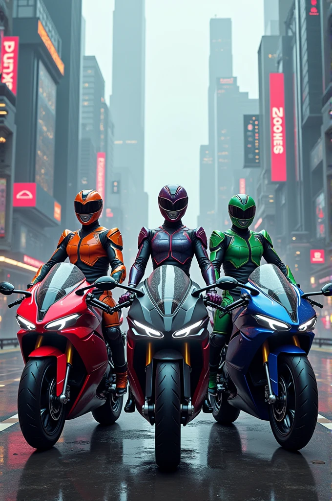 I need you to look for power ranger ninja storm and remake a new futuristic version WITH MOTORCYCLES BEHIND EACH RANGER, RED RANGER, YELLOW RANGER, GREEN RANGER, AND THE BLUE FEMALE RANGER