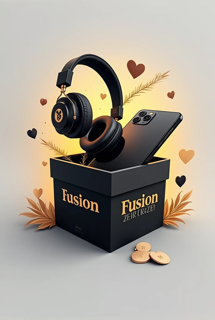 Logo for store with the name Fusion Zerotreze highlighted, a gift box with a cell phone and headphones in black and gold coming out of it