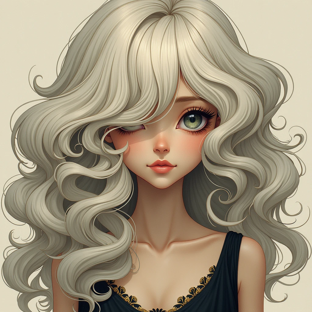 Flowing Hair as a Main Element: The hair would be the most prominent part of the design, flowing outward from the head in gentle, curved strands, typical of Art Nouveau. It would spread to frame the face in an organic, decorative manner without being overly complex. The hair would have depth and some shading but would avoid excessive detail to keep the design focused.