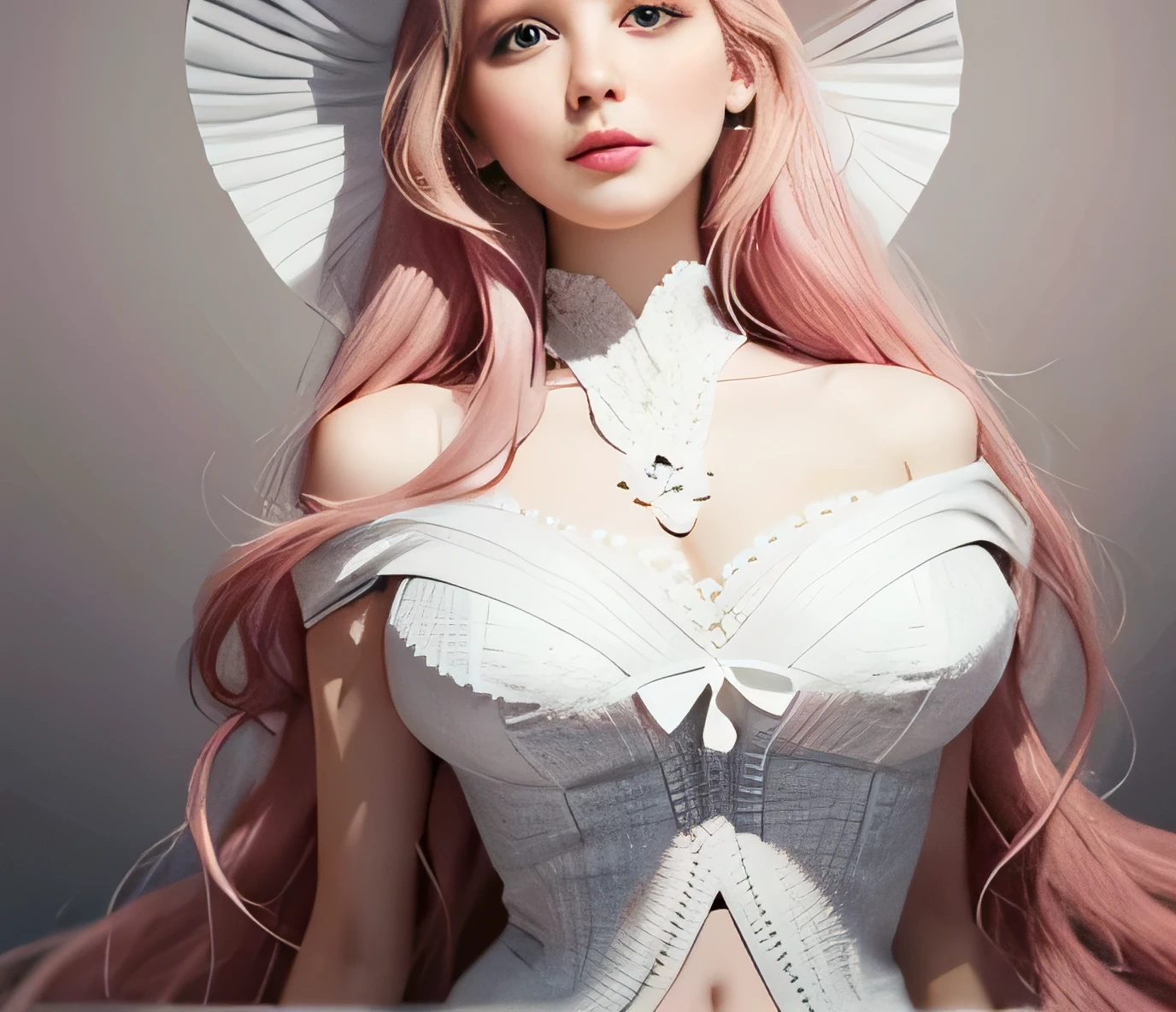pink hair, tall woman 3 meters, wavy hair, White dress, a quartz in her belly, pregnant