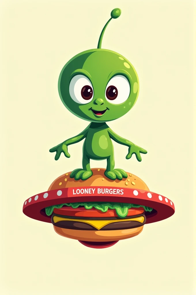 A logo for a hamburgers business called "Looney Burguers". The main element is a green friendly alien with large eyes. The alien is standing on a UFO-shaped spaceship that is a hamburger. The text "Looney Burguers" is written on the spaceship. There is not background