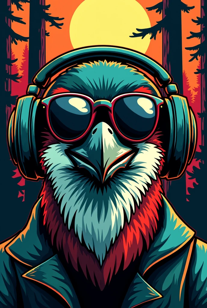 A cartoon illustration of a woodpecker's face, with an aggressive visual, wearing aviator sunglasses, e headphones, to be used as a vest patch for a forestry engineering athletic team. Put trees in the background and make an illustration in darker tones. The illustration should have a neon balance of green and red colors.