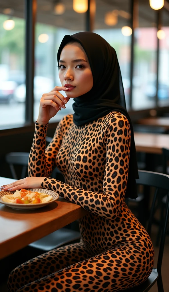 The most beautiful,thin,most pretty and clever Asian muslimah adult girl wears sunda clouded leopard print lycra turtleneck unitard catsuit covered with spots.She always wear sunda clouded leopard print lycra dancewear stretchy square hijab covered with many spots.She sits on the metal chair to eat roti canai in the restaurant.