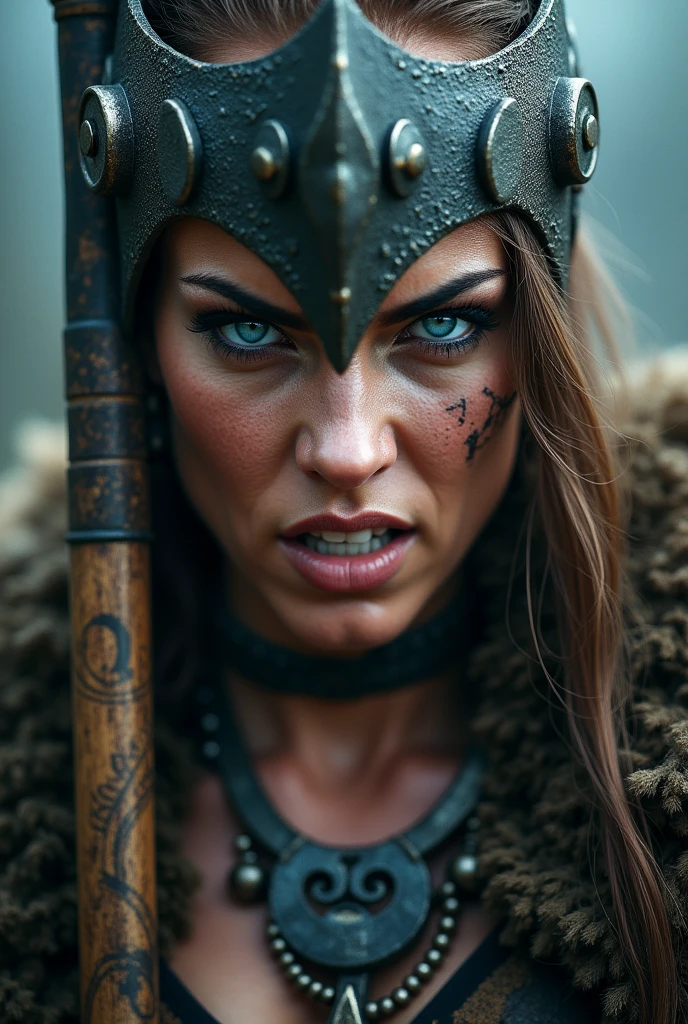 Close up viking warrior with axe in hand, Woman, blue eye, makeup on face, axe next to the face, large head ornament , necklace on the neck, angry