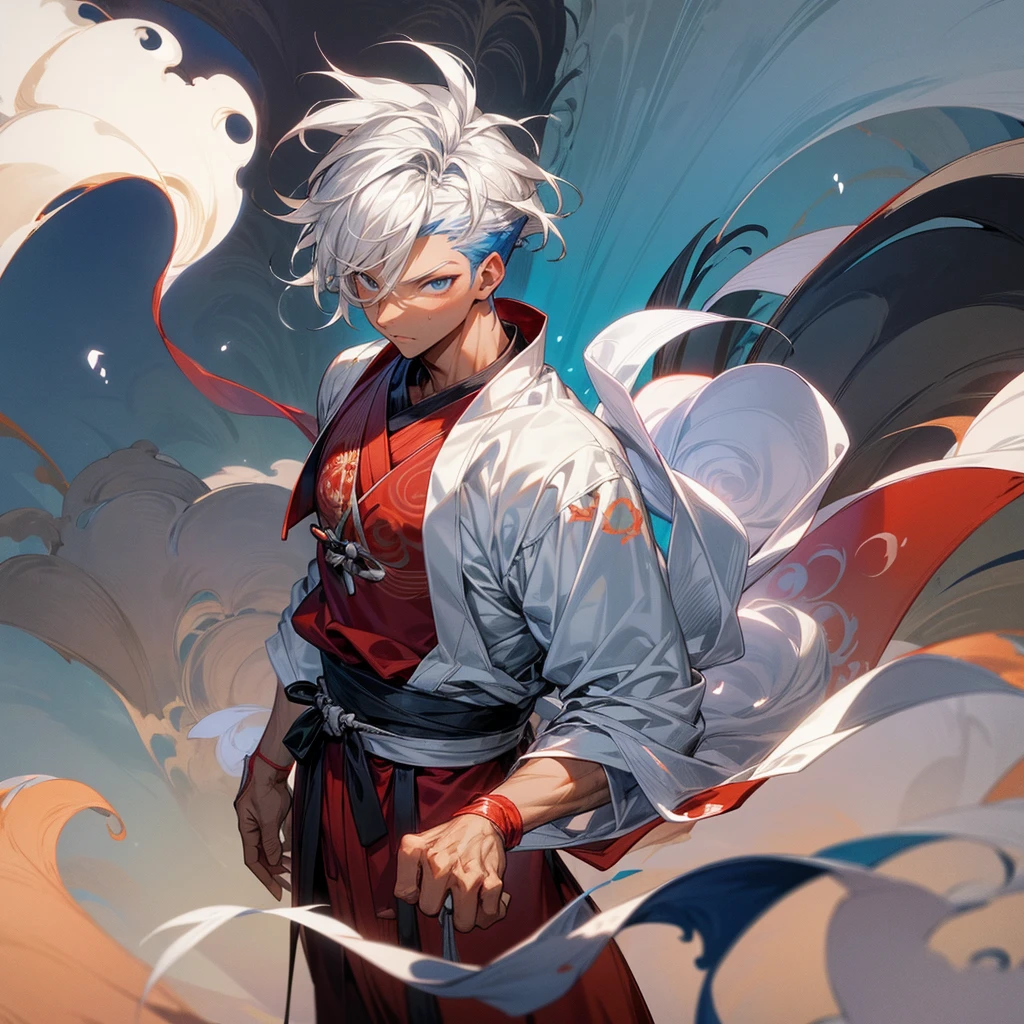1male , dark skin, young adult, finely detailed blue eyes, muscular build, modern undercut, medium messy hair, white hair, fitted sleeves, white yukata with reg swirls, red sash, ninja clothing, serious experssion, forest background, standing on path