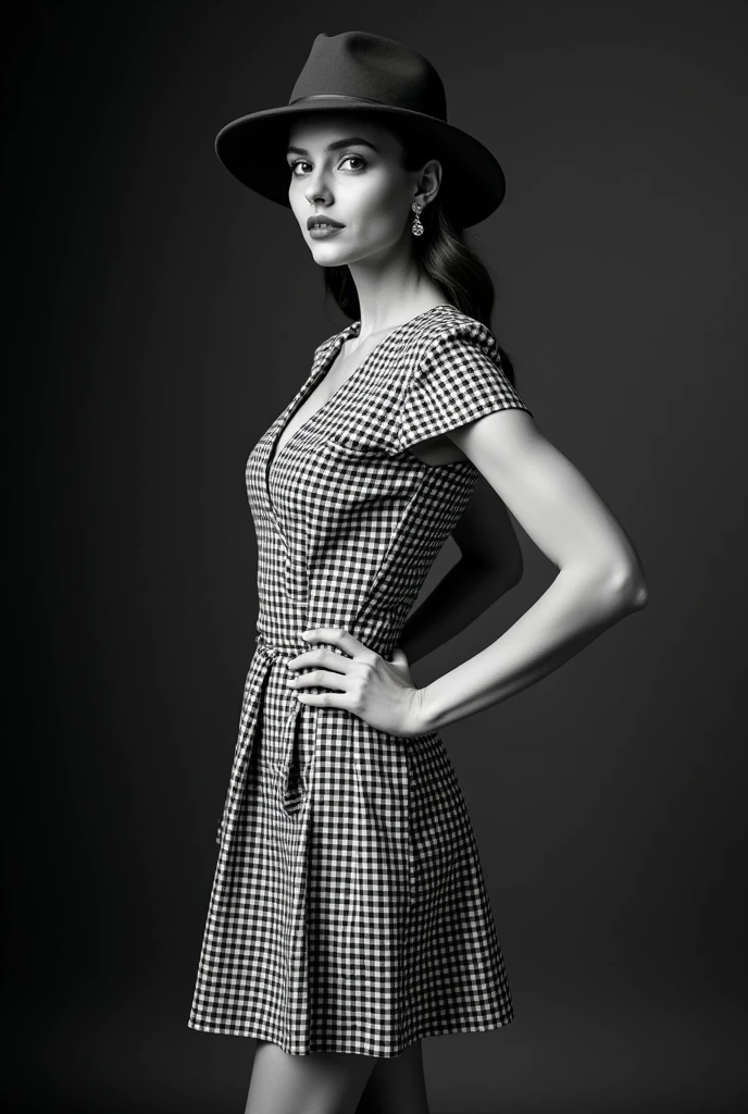 This is a black-and-white photo.It shows a woman.This woman is dressed in a gingham check pattern and a short skirt that extends to her waist.She also wears a hat and earrings in her ears.Overall, the image has an air of elegance and sophistication.The background is composed in monochromatic black and white tones to draw attention to the subject.