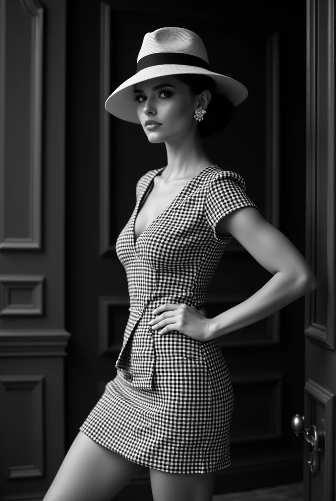 This is a black-and-white photo.It shows a woman.This woman is dressed in a gingham check pattern and a short skirt that extends to her waist.She also wears a hat and earrings in her ears.Overall, the image has an air of elegance and sophistication.The background is composed in monochromatic black and white tones to draw attention to the subject.