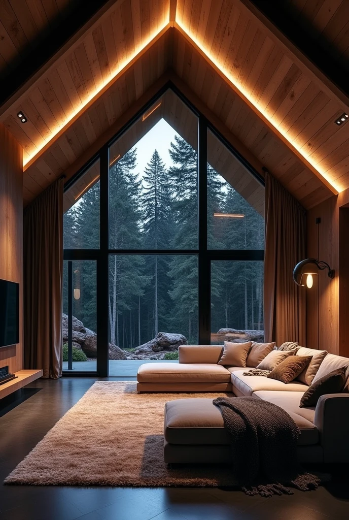 create a photo taken from the inside out in a large, modern chalet made of iron and glass in the middle of the forest at night with warm white LED profile lighting, large carpet in the living room, quarter at sight, sofa with towel fabric, minimalist style with neoclassical and modern industrial triangular ceiling with. dark at night outside in the middle of the green forest