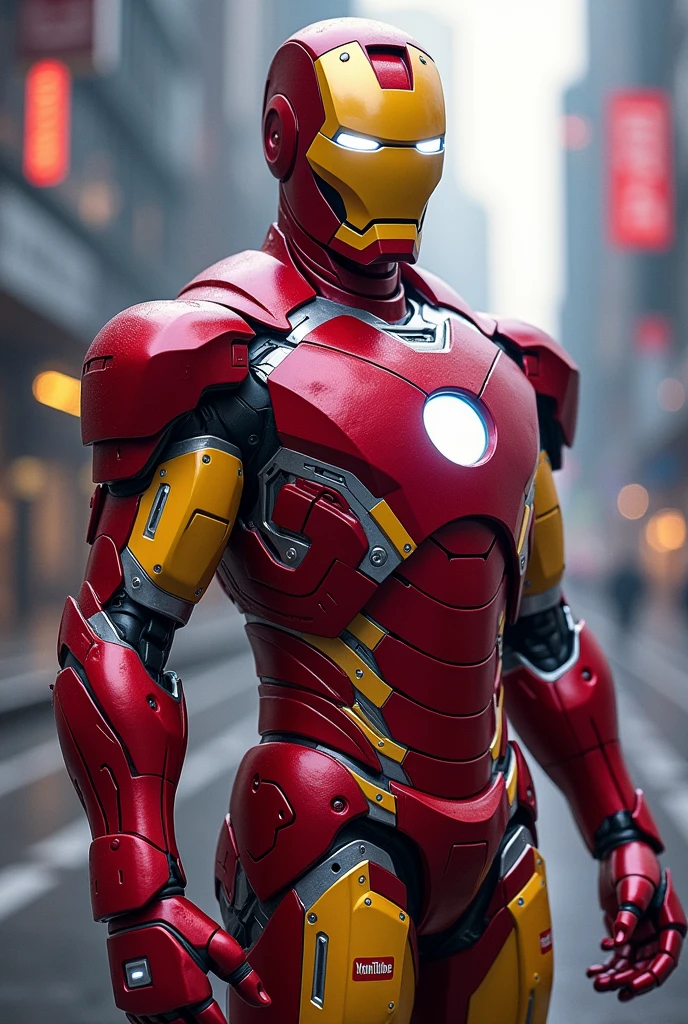 Make a great and beautiful image of Iron Man with the whole YouTube outfit and with the YouTube symbol on the chest 