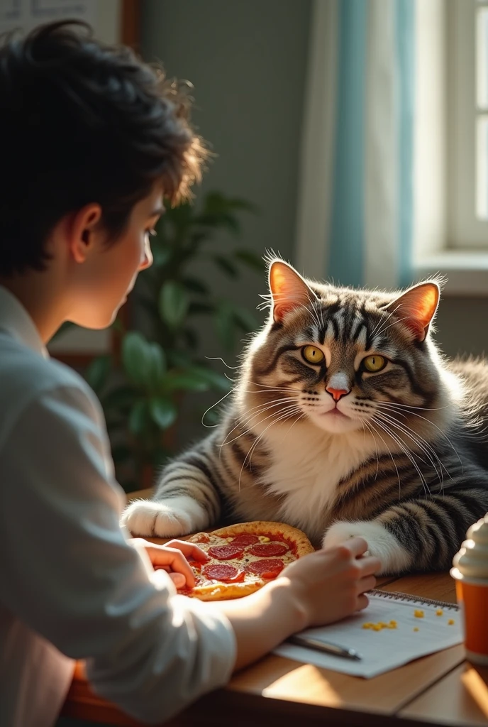 A Psychoanalyst with very realistic human traits, white, de cabelos pretos, Youngh, thin and short, in a psychoanalysis clinic treating a fat cat, furrygirl, gray with brown and white stripes and paws with white fur eating a pizza and a bucket of ice cream