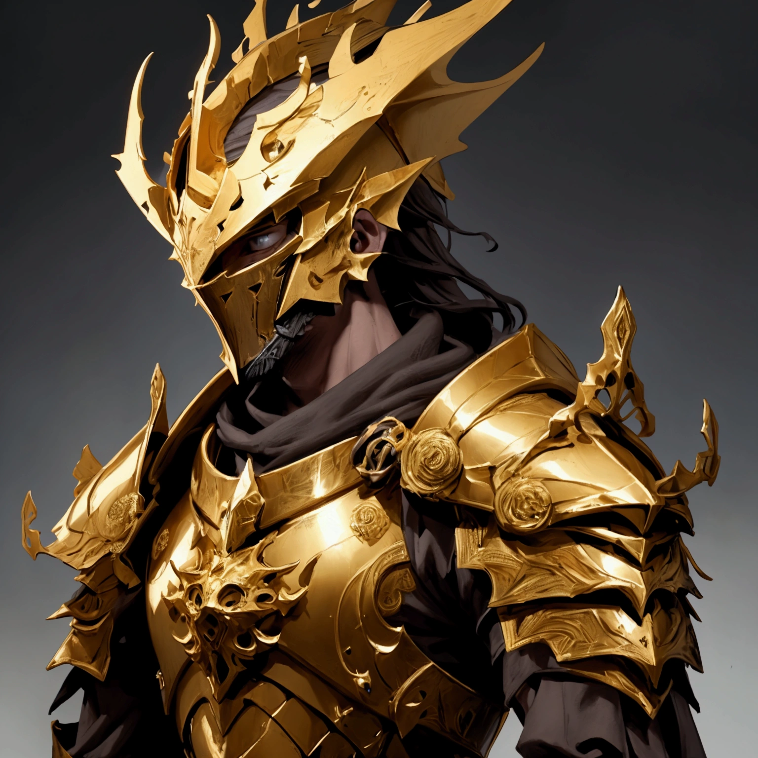 envision a 8k, highres, cinematic close up portrait of a Knight named Ornstein with a slender body with Grand Golden armor with a dragon slayer helmet against a dark gray background in the style of dark fantasy