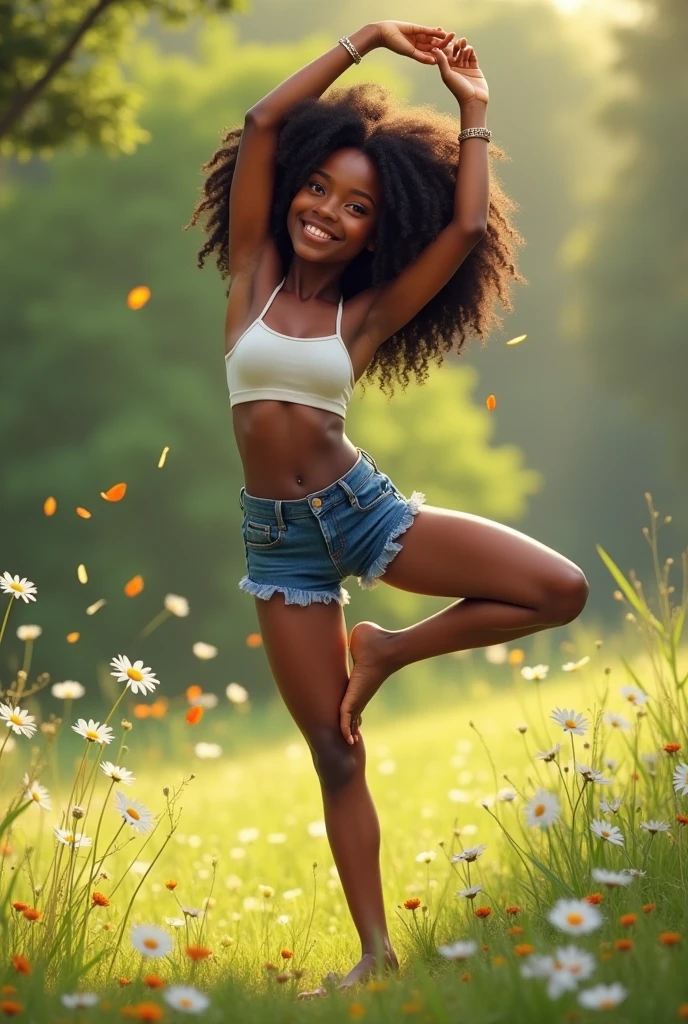 black girl doing a cat yoga pose in daisy dukes